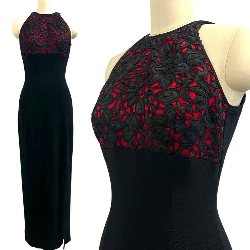 Vintage 90s Y2K Tadashi Slim Maxi Dress Sz S M Red Rose Lace Bodice Black Knit
